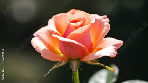 Beautiful peach rose blooming in a natural green setting  