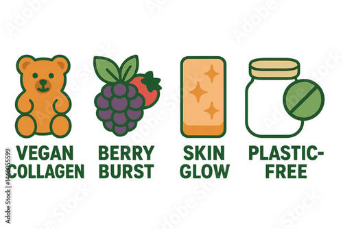 Icons representing collagen snacks are combining bear, burst, bar, and lid