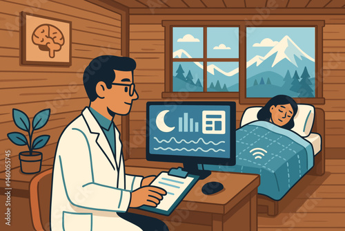 The sleep-tech scene is depicted as flat, complete with a smart blanket grid, alpine windows, and tablet graphs