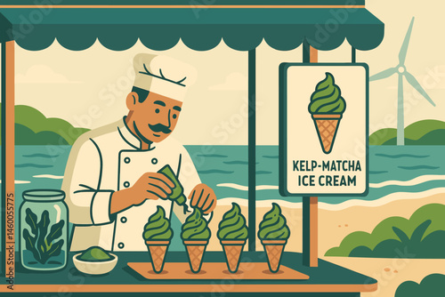 A flat landscape of dessert-green hue features swirling cones of green, turbine blades, and a gentle sea breeze