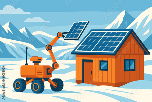 The scene features a flat polar-tech landscape that includes a rover arm, PV tiles, and an ice ridge