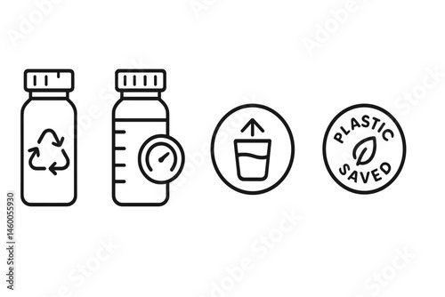 Icons representing eco-friendly bottles depict glass, caps, gauges, and badges