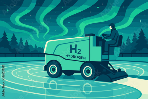 The winter scene is flat and green, featuring a resurfacer that uses H₂, a glowing ice rink, and green lights
