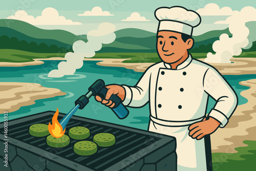 The scene depicts a flat area with alternative seafood, green cakes, steam vents, and rocky pools