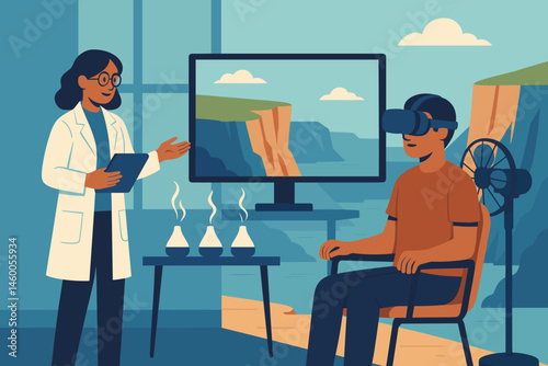 The therapy-tech scene is set against a flat backdrop and features a VR headset, aroma pods, and ocean cliffs