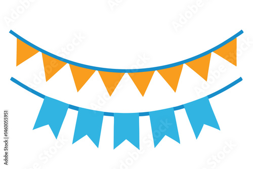 A festive set of orange and blue pennant bunting decorations for events