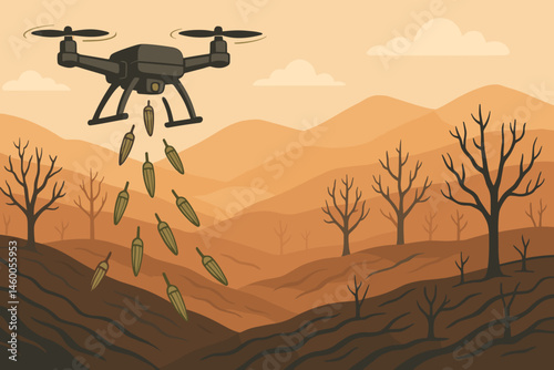 The flat scene of reforest-tech features drone tubes, seed darts, and char soil