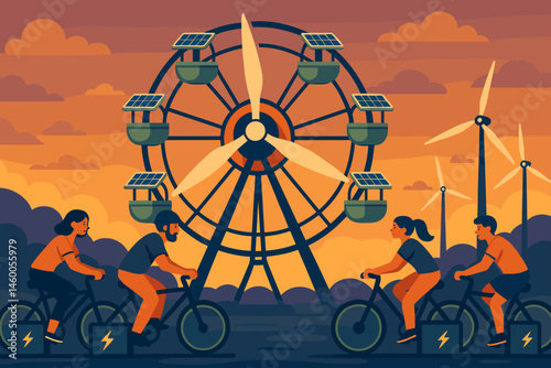 The scene is a flat, eco-friendly setting that features pedal pods, ride arms with lights, and a sky with a sunset