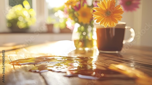 Spilled coffee on wooden table, morning light, flowers