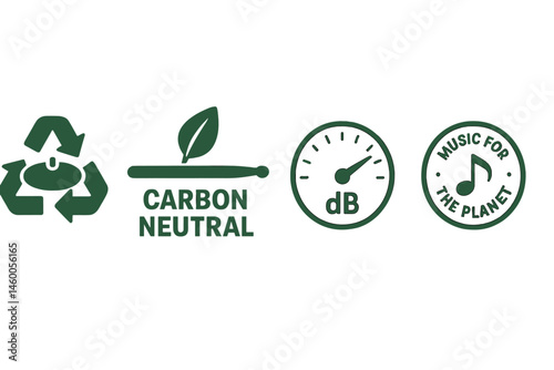 Icons representing music and ecology are combining a cymbal, stick, dial, and badge