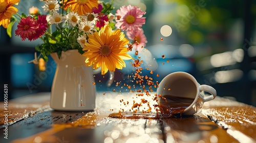 Spilled coffee on wooden table, colorful flowers