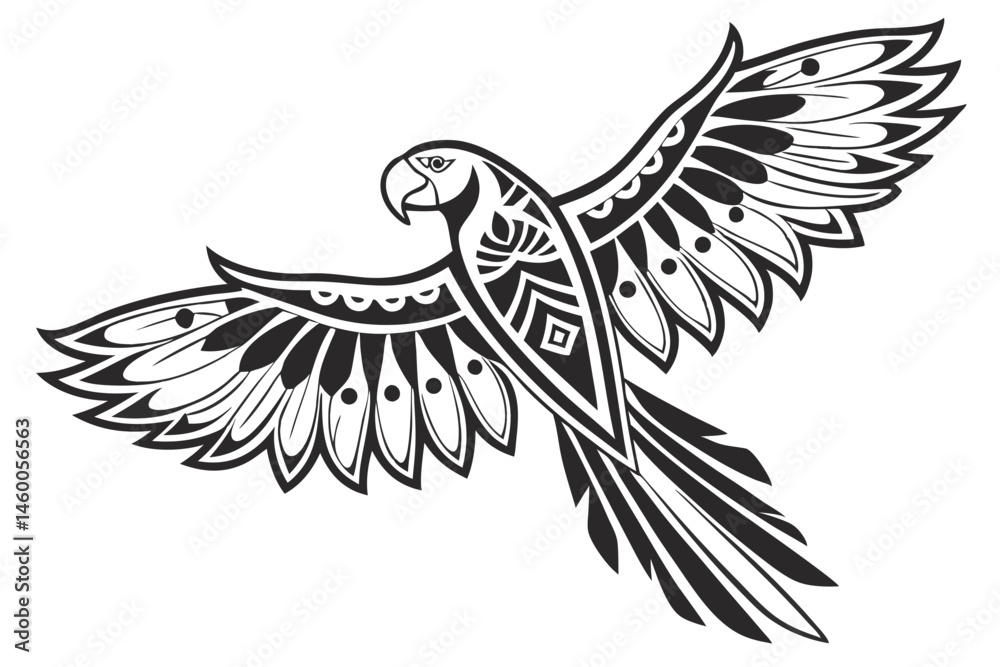 Obraz premium 64 Black and white illustration, stylized parrot, macaw silhouette, spread wings, tribal design, symmetrical bird artwork, graphic tattoo style, bold contrast, minimalist avian form, feather details, 