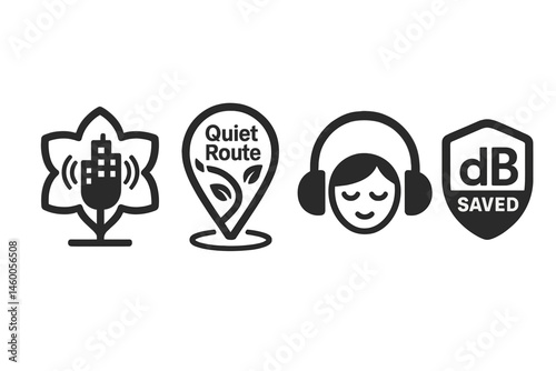 Icons representing health due to noise are linked with a meter, pin, calm, and badge