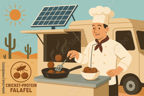 The scene features a flat area with alternative protein sources, including falafel made from crickets, alongside a solar roof and desert cliffs