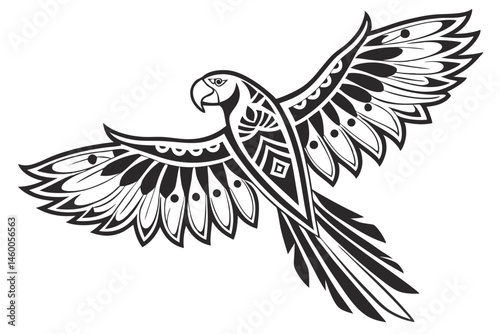 64 Black and white illustration, stylized parrot, macaw silhouette, spread wings, tribal design, symmetrical bird artwork, graphic tattoo style, bold contrast, minimalist avian form, feather details, 