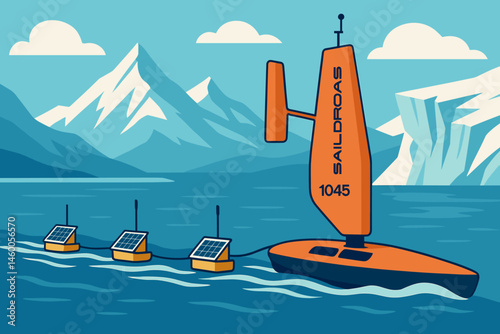 The research scene features flat water, a sail drone, floating panels, and blue ice
