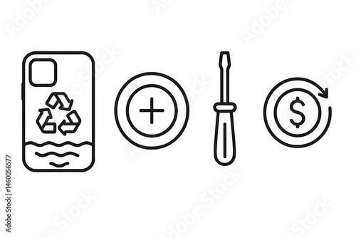 Icons that are circular in shape and represent different objects such as a case, ring, screwdriver, and coin are displayed on the device