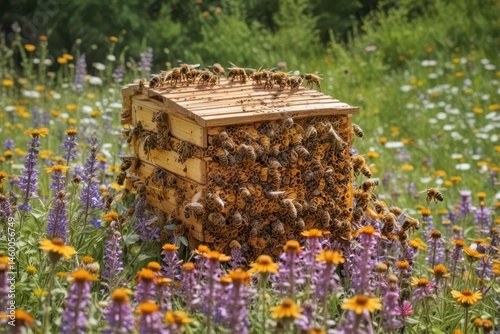 Busy bees swarming a vibrant hive amidst blooming wildflowers , colony, plant