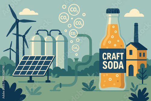 The beverage-tech landscape is flat and features a capture tank, soda kegs, and a solar roof