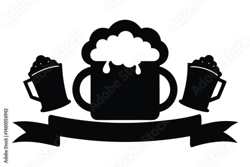 Beer banner icon with three mugs of beer on white background