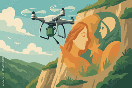 The art-tech scene is depicted as flat, incorporating elements of drone spray, a cliff wall, and sea mist