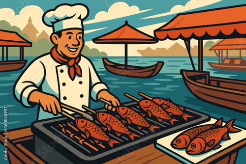 The scene features flat fish, skewers, an induction grill, and stalls alongside a river