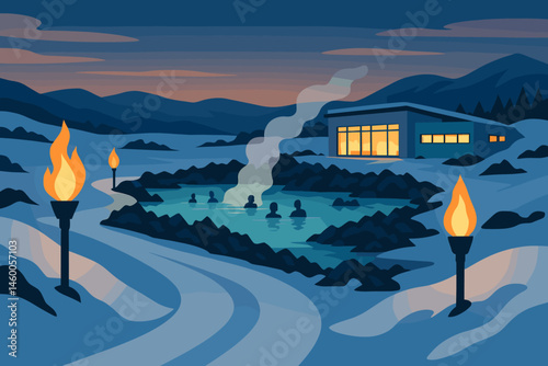 The wellness-tech scene is depicted as flat, complete with spas, torches, and a pastel sky