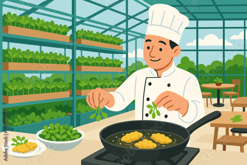 The farm-to-fork scene is depicted as flat and features a fry pot, micro-greens, and a glass roof