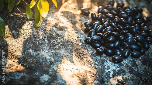 Black beans on a stone surface bathed in sunlight