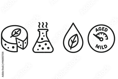 The icons that represent plant cheese are combining the images of a wheel, a flask, a drop, and a dial