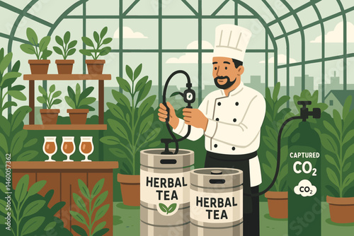 The beverage-tech scene is flat, featuring a CO₂ tank, tea kegs, and skyline herbs