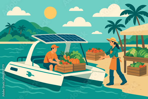 The island's logistics scene is depicted as flat, featuring PV sails, crates of produce, and a turquoise sea