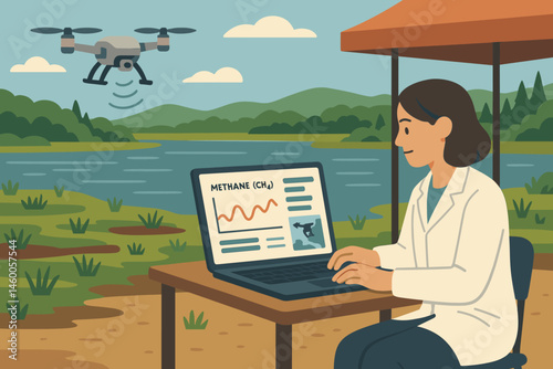 The scene of flat peat research includes a drone, flux graphs, and a reed lake