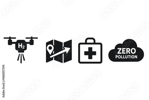 The icons of H₂-drones combine nozzle, route, payload, and clean cloud