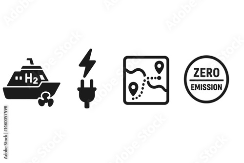 Icons representing a clean marine environment connect a propeller, bolt, map, and seal