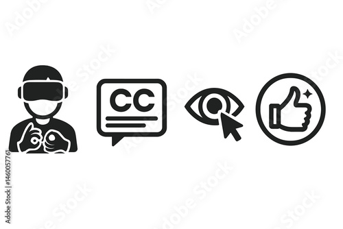 Icons representing media access connect an avatar, captions, a gaze cursor, and approval