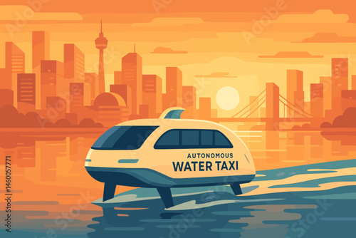The scene is set with a flat and clean mobility landscape featuring a foil taxi, a warm sunrise glow, IoT beacons lining the skyline, and gentle waves