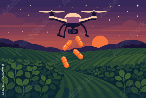 The scene depicts a flat agricultural area with a UAV capsule hatch, set against a purple sky and lined with green rows