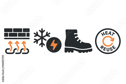 Icons that depict snow-melt show pipe, sensor, boot, and reuse