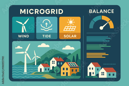 The scene depicts a flat energy island featuring a turbine, tide buoys, PV roofs, and a monitor