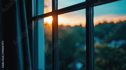 Sunset view through a window.  A warm sunset peeks through a window, with a soft focus on the out-of-focus trees and buildings