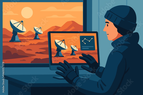 The scene depicted a flat astro-telepresence setting that included glove controls, screens, and desert domes