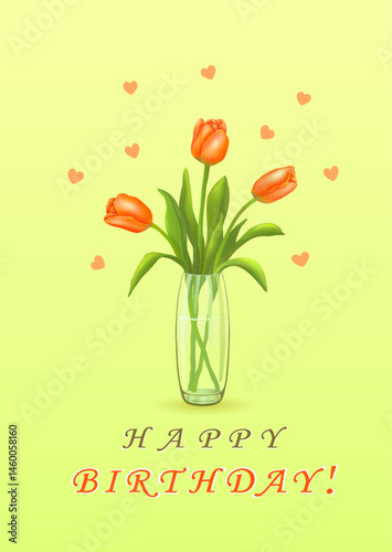 Three red tulips in a vase and a and the inscription with congratulations in English HAPPY BIRTHDAY! on a vertical yellow or beige background with hearts. Greeting cards. Vector illustration.