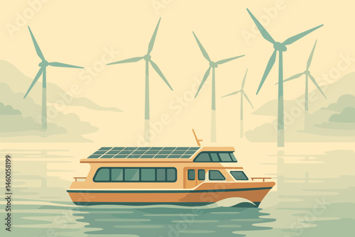 The scene depicts a flat area with clean mobility features, including a photovoltaic cabin, turbines, and water surrounded by mist