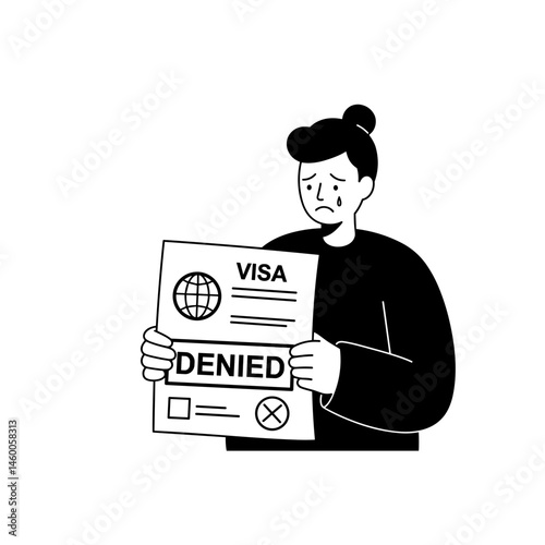 Upset woman holding visa document with refusal written on it, vector illustration