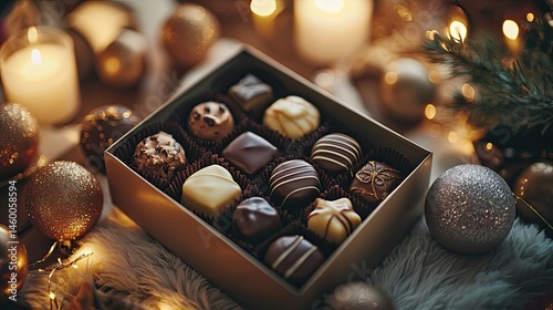 Festive chocolate assortment in a gift box, surrounded by Christmas decorations