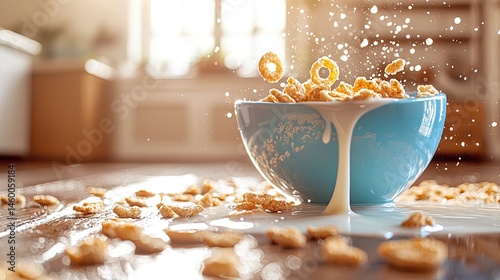 Spilled cereal milk on kitchen floor