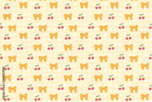 Seamless vector pattern with pink bows and red cherries – cute girly background for fabric, wallpaper, stationery, and digital design