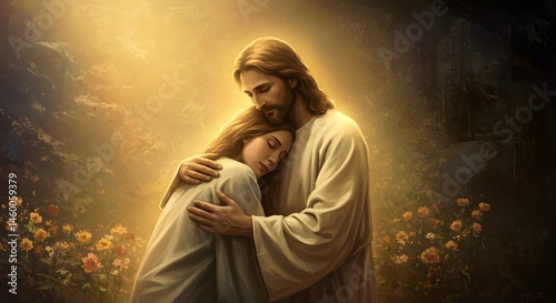 Jesus Christ with woman, compassionate embrace, spiritual comfort, love, faith, Christian art