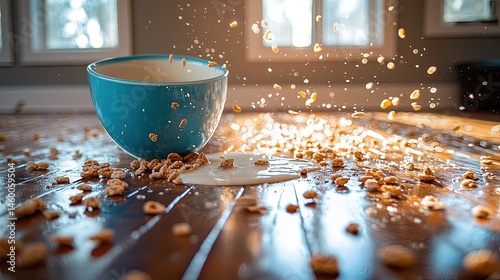 Spilled cereal and milk on wooden floor